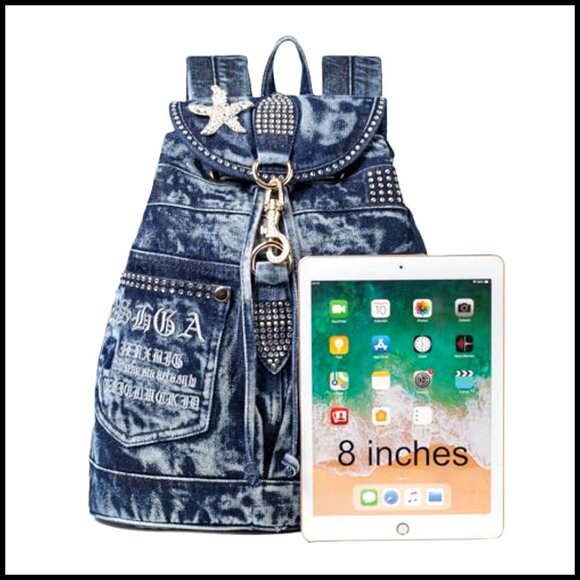 Denim Backpack Purse with Rhinestones Casual Daypack Adjustable Strap Y2K Chic
